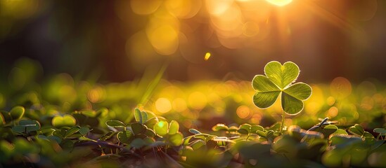 Fototapete - Clover leaf close-up bathed in warm lens flare light with soft bokeh background and ample copy space for text on the lower section of the image