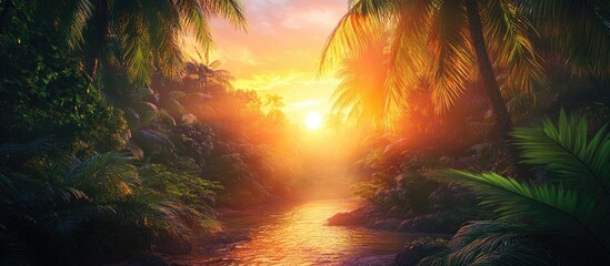 Poster - Tropical paradise with vibrant sunset hues of orange and yellow illuminating lush green foliage and a reflective waterway in the foreground.