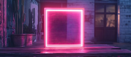 Aufkleber - Neon square light frame glowing in vibrant pink positioned on rustic wooden table with soft background lighting ideal for promotional marketing visuals