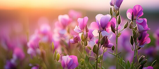 Poster - Vibrant purple Lathyrus vernus flowers in a meadow at golden hour with soft sunlight illuminating the petals and blurred green background.