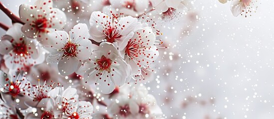 Aufkleber - Delicate white plum blossoms with red centers on a branch against a soft blurred background, creating a serene spring atmosphere with ample space.