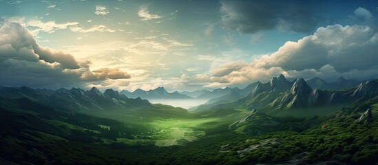 Aufkleber - Lush green mountains dominate the foreground with a serene valley below under a vibrant sky filled with soft clouds and warm sunlight.