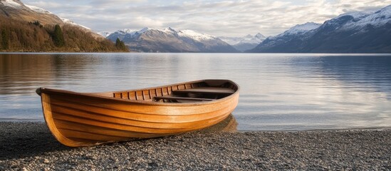 Aufkleber - Wooden rowboat on a pebble beach, calm lake reflecting mountains, soft golden hour light creating warm tones in the water and sky.