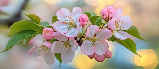 Aufkleber - Delicate pink cherry blossom flowers in full bloom contrasted against a soft sunny bokeh background with hues of blue, yellow, and white.