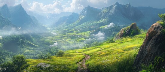 Aufkleber - Lush green hills with a winding dirt path through valleys under a bright blue sky, mountains looming in the distance, soft clouds scattered above.