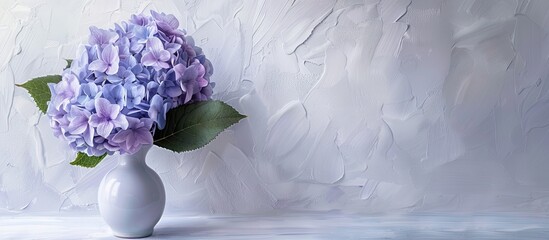 Aufkleber - Delicate blue violet lilac hydrangea flower in a white vase positioned on the right against a soft white textured backdrop with ample copy space