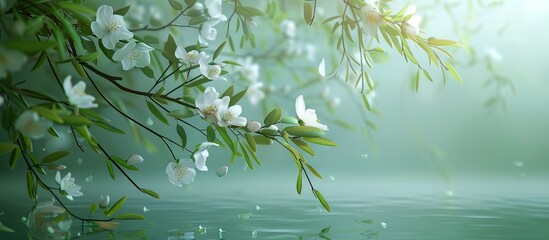 Poster - Tranquil spring scene featuring soft green willow leaves and delicate pear blossoms with gentle reflections in water and ample copy space for designs