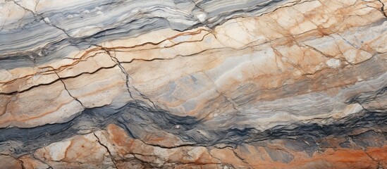 Poster - Abstract sedimentary rock texture featuring layers of cream, orange, and gray tones with distinct marbling and crack patterns, ideal for backgrounds.