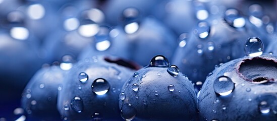 Poster - Fresh blueberries glistening with water droplets on a dark blue background showcasing rich blue hues and intricate water details from various angles.
