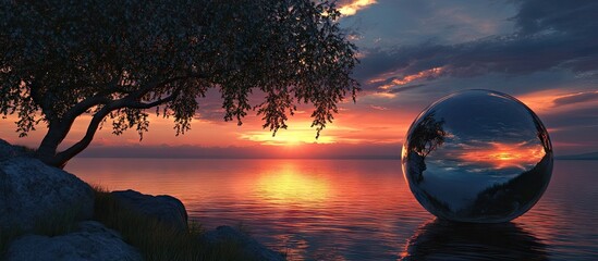 Poster - Reflective Ornamental Sphere at Twilight by Serene Lake with Olive Tree Silhouette and Vibrant Sunset Colors of Orange and Purple in Background