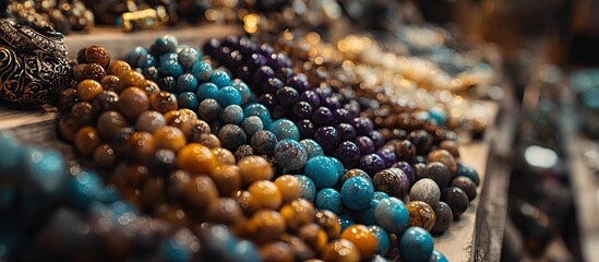 Leinwandbilder - Colorful rows of handmade bracelets featuring turquoise, amber, and amethyst stones displayed on a wooden showcase in a jewelry store.