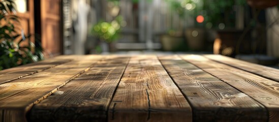 Leinwandbilder - Wooden table top perspective with textured brown planks in foreground and softly blurred greenery background creating an inviting natural ambiance.