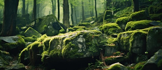 Fototapete - Moss-covered large rocks in a lush green forest with dappled sunlight filtering through trees showcasing harmony of stone and vegetation.
