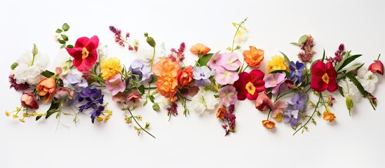 Aufkleber - Colorful floral arrangement featuring a variety of blossoms in shades of pink, orange, purple, and white arranged horizontally on a light background.