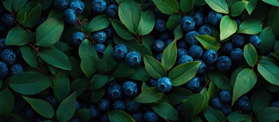 Aufkleber - Lush blue blueberries nestled among vibrant green leaves create a rich, textured composition with deep blue and green hues, ideal for food visuals.