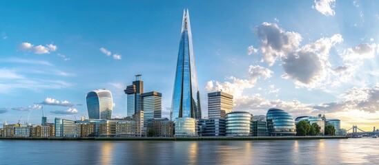 Aufkleber - Panoramic view of modern skyscrapers against a blue sky with clouds reflecting on water showcasing innovative architecture and economic growth.