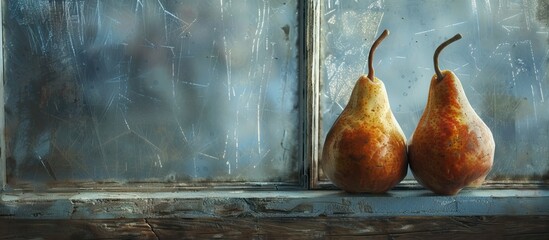 Aufkleber - Rustic still life of two large pears in warm tones on a misty aged blue window with serene background and ample copy space for text