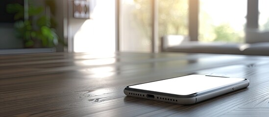 Fototapete - Modern smartphone lying on a wooden table in a minimalist setting with natural sunlight and greenery in the background showcasing clean lines and textures.