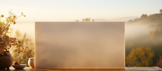 Leinwandbilder - Serene morning mist enveloping lush greenery with a wooden board central in soft focus, ample copy space for holiday messages.