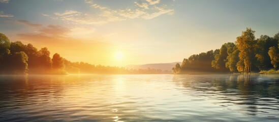 Aufkleber - Serene sunrise over a tranquil river with golden orange and soft blue hues reflecting on calm waters surrounded by lush greenery.
