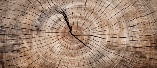 Aufkleber - Aged tree trunk close-up showcasing concentric growth rings and prominent cracks in warm brown tones with intricate texture and natural patterns.