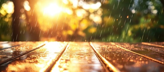 Fototapete - Sparkling raindrops on a wooden surface reflecting golden sunlight with a blurred lush green background creating a serene atmosphere
