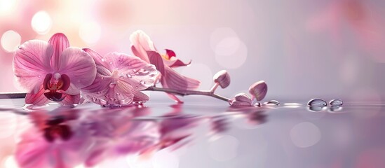 Aufkleber - Soft pink orchids with delicate water droplets reflect on a serene surface, surrounded by a dreamy bokeh background of warm hues.