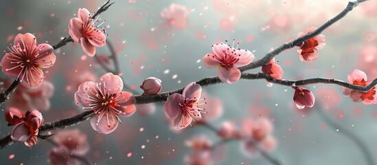 Leinwandbilder - Delicate pink blossoms on a slender peach tree branch against a soft blurred background with gentle bokeh effect and raindrops glistening.