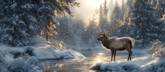 Aufkleber - Majestic elk standing near a serene stream in a snowy forest surrounded by tall pine trees under soft golden sunlight filtering through branches