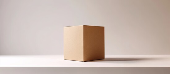 Leinwandbilder - Empty cardboard box centered on a light beige background, casting a soft shadow on the white shelf below, creating a minimalist aesthetic.