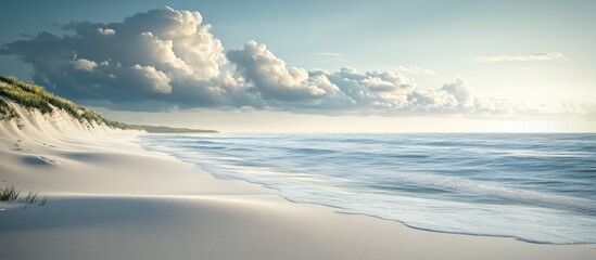 Aufkleber - Tranquil shoreline with soft white sand under serene blue skies and gentle waves, featuring lush green dunes on the left side, evoking calmness.