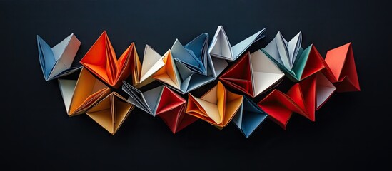 Leinwandbilder - Colorful origami paper art displayed on a black background featuring various folded shapes in red, orange, blue, and gray arranged artistically.