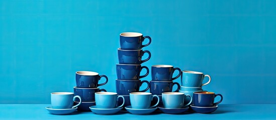 Aufkleber - Stacked blue cups in varying shades from dark to light on a vibrant turquoise background create an artistic and modern beverage display.