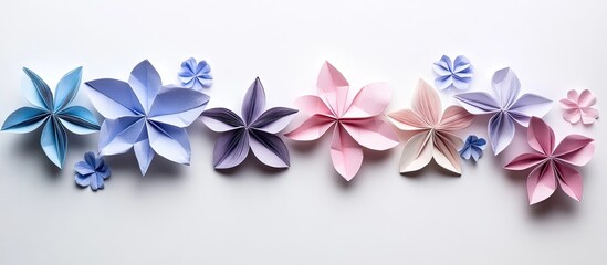 Poster - Colorful origami flowers in shades of blue, pink, and purple arranged in a line on a clean white background showcasing intricate paper artistry.