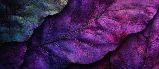 Leinwandbilder - Vibrant close-up of textured leaves with rich purple and green hues layered gracefully, showcasing intricate patterns and radiant colors.