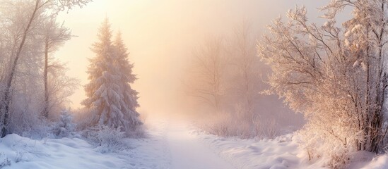 Aufkleber - Winter forest pathway enveloped in soft morning fog with pale pink and warm gold hues illuminating snowy trees creating a tranquil mystical atmosphere