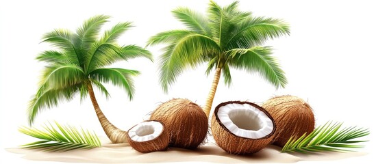 Poster - Coconuts with green palm leaves on a sandy beach with a white background, showcasing natural tropical elements in vibrant greens and browns.