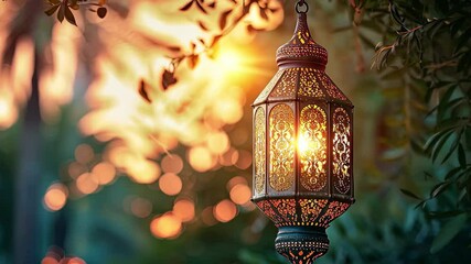 Fototapete - Enchanting lantern casting warm light in a tranquil garden at sunset with vibrant bokeh effects