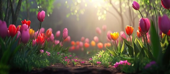 Poster - Vibrant tulip flowers in shades of pink, yellow, and orange dot a serene spring landscape with gentle sunlight filtering through trees