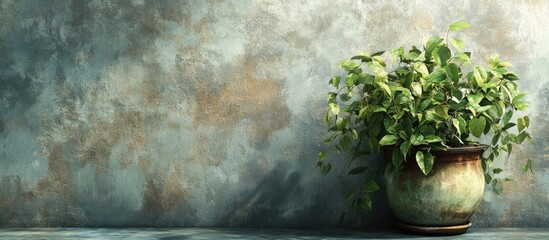 Fototapete - Lush green foliage in a ceramic pot positioned left against a textured muted green and brown wall highlighting vibrant plant colors and textures