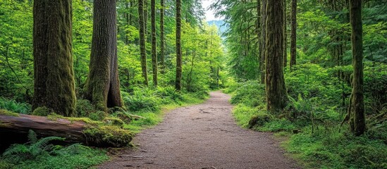 Fototapete - Lush green forest path winding through tall trees with sunlight filtering through foliage creating a serene and enchanting natural atmosphere