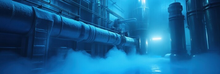Poster - Cryogenic storage tank surrounded by frost covered pipes and wisps of cold mist in an industrial setting. Generative AI