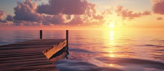 Aufkleber - Serene sunset seascape with a wooden pier extending into calm waters Reflective orange and purple hues paint the tranquil sky and water