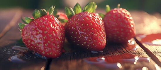Poster - Close up of three vibrant red strawberries with droplets on a rustic wooden surface, highlighting their freshness and rich texture in natural light
