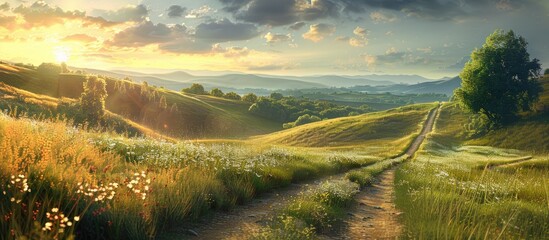 Poster - Serene country path stretching through vibrant green rolling hills under a golden sunset sky with soft clouds and clear foreground space for text