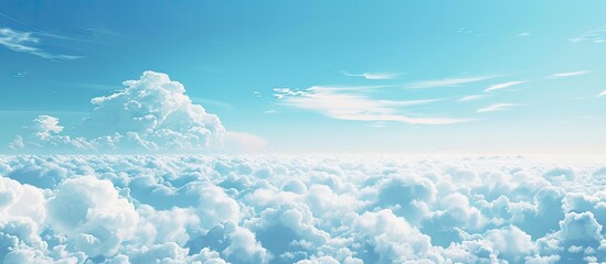 Poster - Serene panoramic view of a bright blue sky filled with fluffy white clouds layered across the horizon creating ample empty space for text insertion