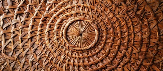 Aufkleber - Intricate rattan texture showcasing concentric circular patterns in warm brown tones with detailed bamboo weaving elements at the center.
