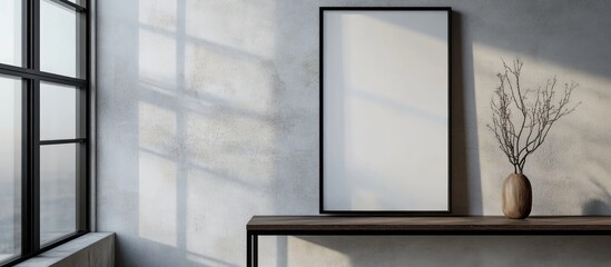 Leinwandbilder - Elegant mockup of a blank poster in a black frame against a soft gray wall with natural light highlighting a minimalist decor and vase arrangement.
