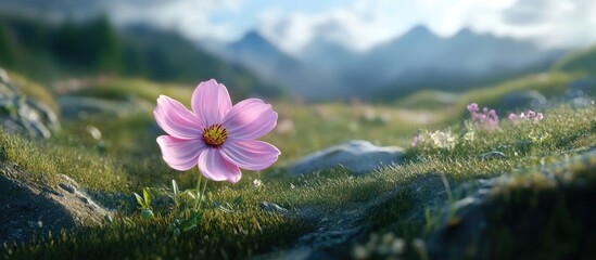 Leinwandbilder - Vibrant pink cosmos flower in focus on a lush green field with rocky terrain and a blurred mountainous background under a soft sky