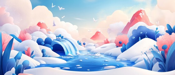 A beautiful landscape with a river and mountains in the background